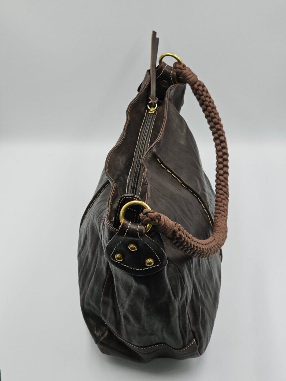 Christopher Kon Women's Brown Leather Braided Handle Shoulder Boho Bag Sz L 2561 - Picture 8 of 11